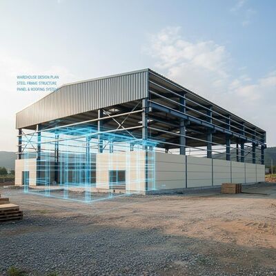 Risistenza al terremoto grado 8 struttura in acciaio magazzino con trattamento galvanizzato della superficie e carico del vento 0,35 kN/m2